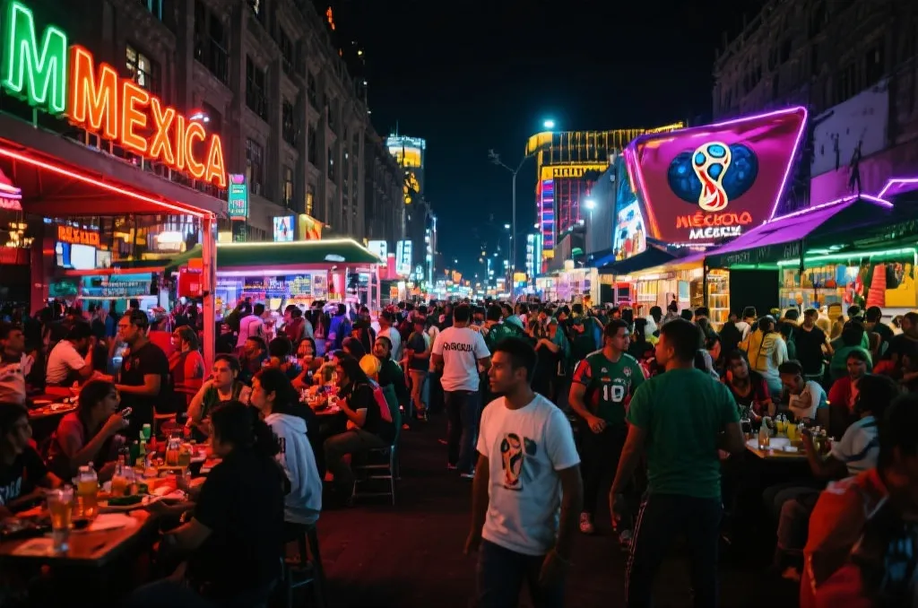 墨西哥城夜晚街头球迷与餐饮街区